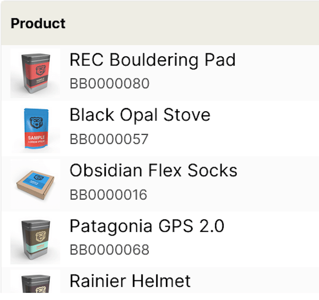 product images in table screenshot